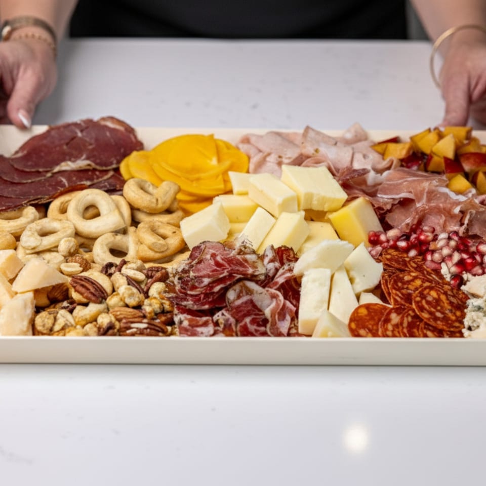 Hands presenting a Crush'd charcuterie board with meats, cheeses, nuts, crackers, and fruit.