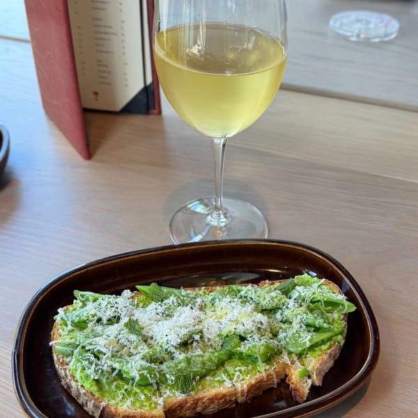 Avocado toast with grated cheese and mint on a brown plate, next to a glass of white wine.