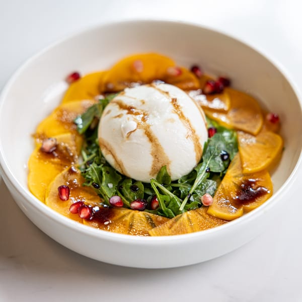 Burrata cheese with balsamic glaze, arugula, persimmon slices, and pomegranate seeds in a white bowl.