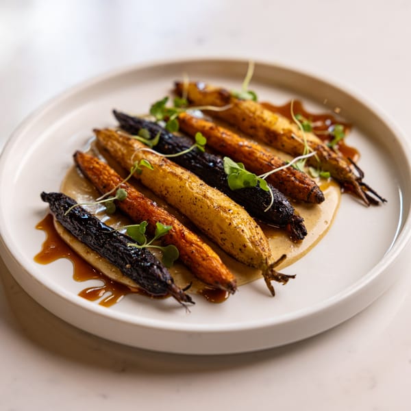 Roasted carrots, some dark and some orange, on a white plate with a creamy sauce and microgreens.