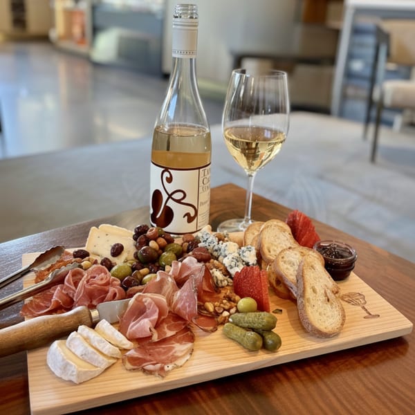 A charcuterie board with meats, cheeses, nuts, olives, bread, and a bottle of white wine.